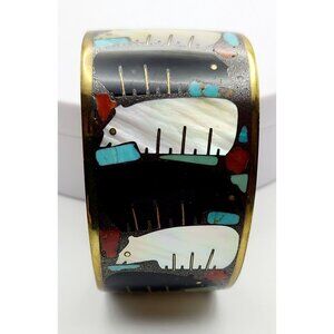 Vintage Andrew Shows Handcrafted Brass Cuff Bracelet W/ Bear Design Rare Unique